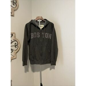 Boston Hoodie Men Sz M Gray Sweatshirt Jacket Full Zip Sweater Spell Out